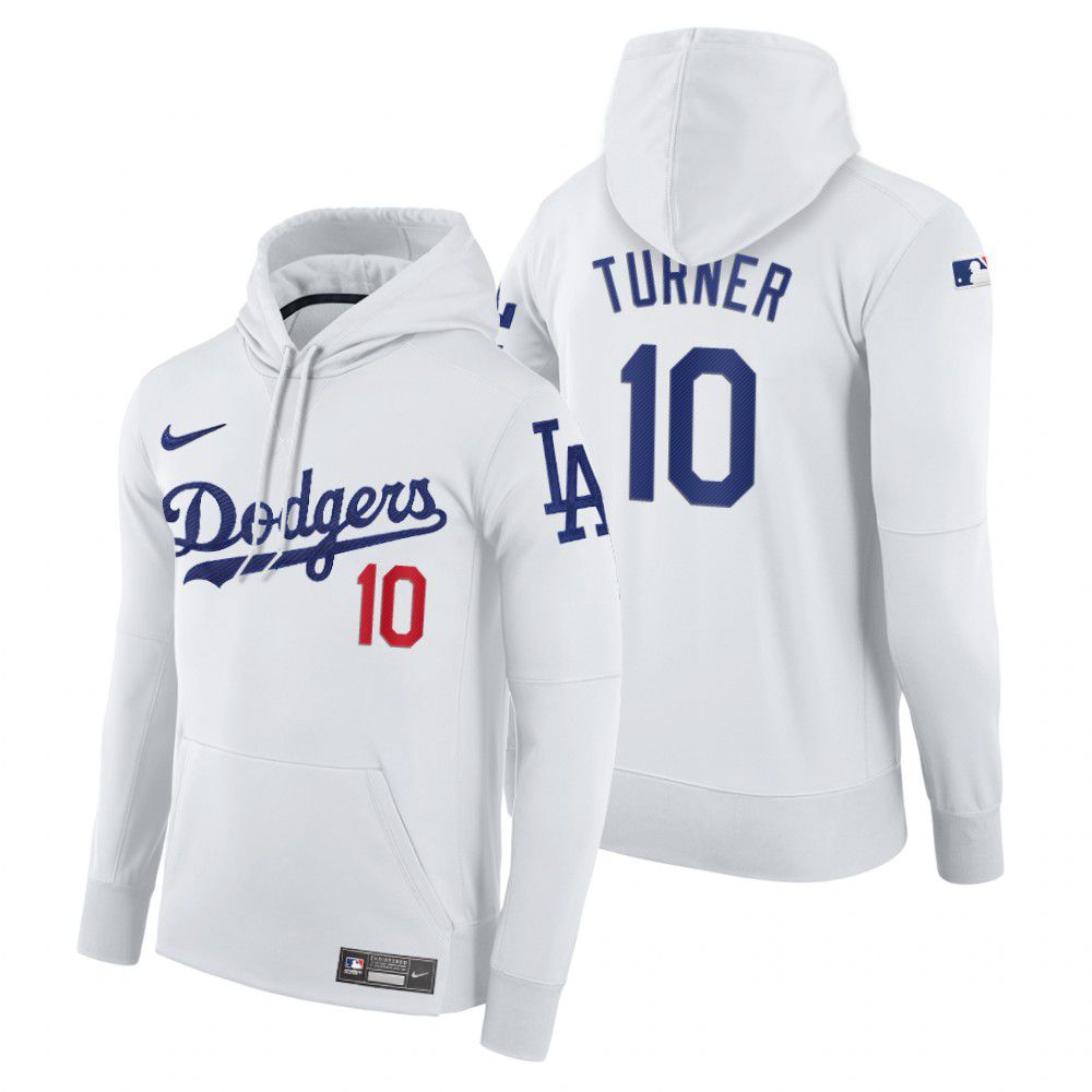 Men Los Angeles Dodgers 10 Turner white home hoodie 2021 MLB Nike Jerseys